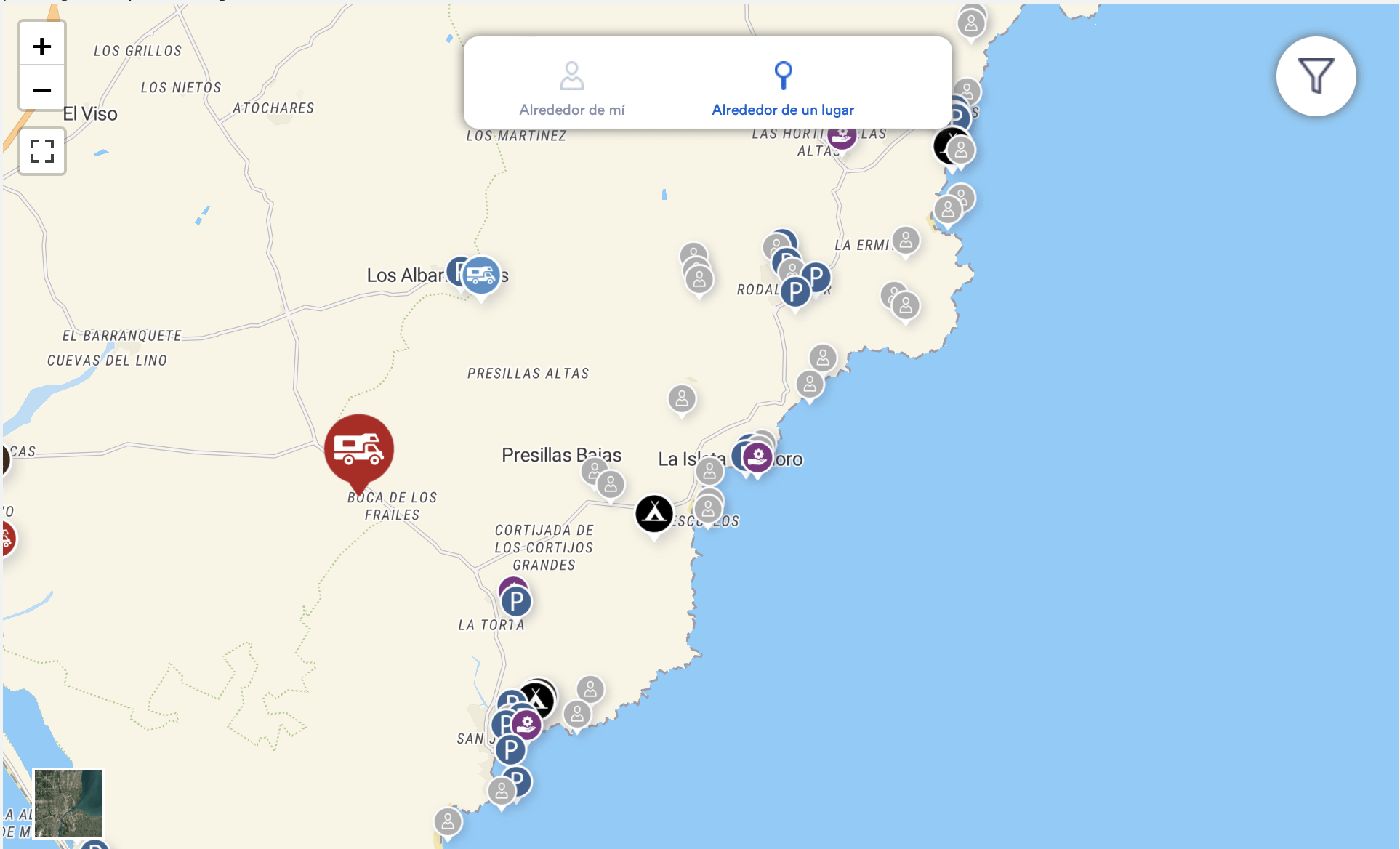 Mapa de Cabo de Gata con áreas de parking y campings disponibles para campers.