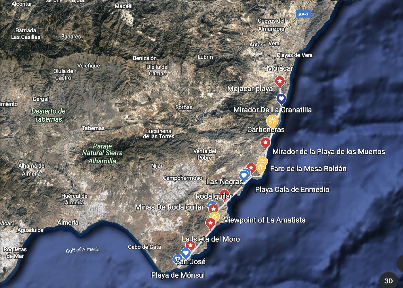 Mapa de la ruta por Cabo de Gata en 7 días.