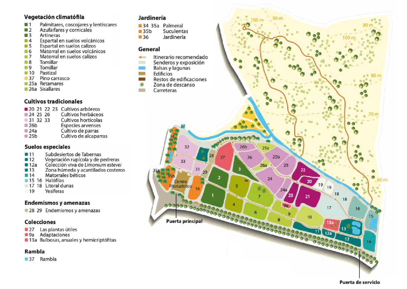 Mapa detallado del Jardín Botánico de Rodalquilar, ideal para planificar una ruta natural durante tu aventura por Cabo de Gata.