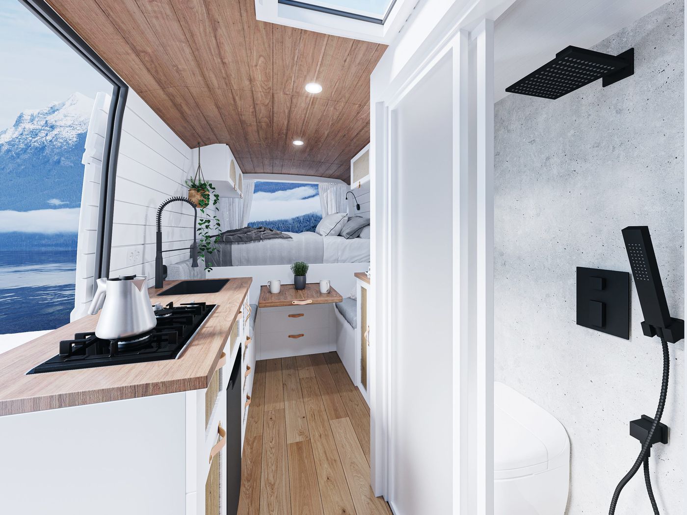 Baño eficiente y bien aprovechado en el interior de la furgoneta camper Neo, con soluciones prácticas para espacios pequeños.