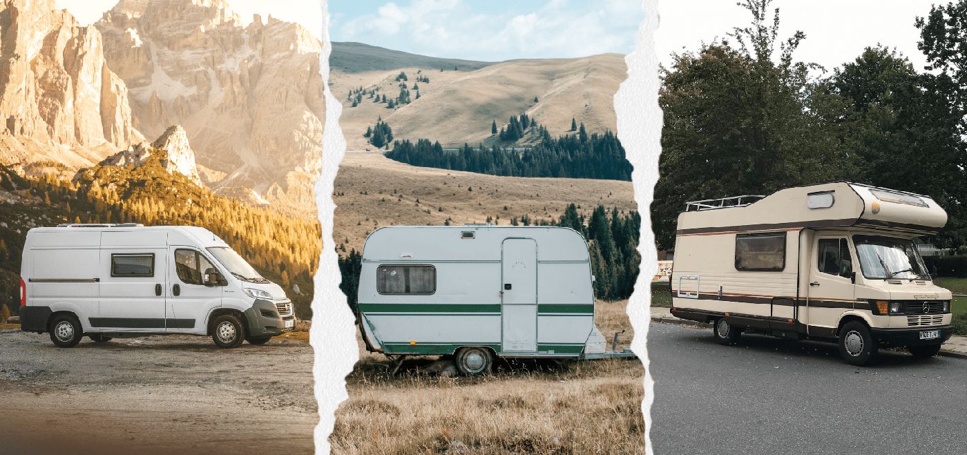 Comparativa entre furgoneta camper, caravana y autocaravana mostrando sus principales diferencias.