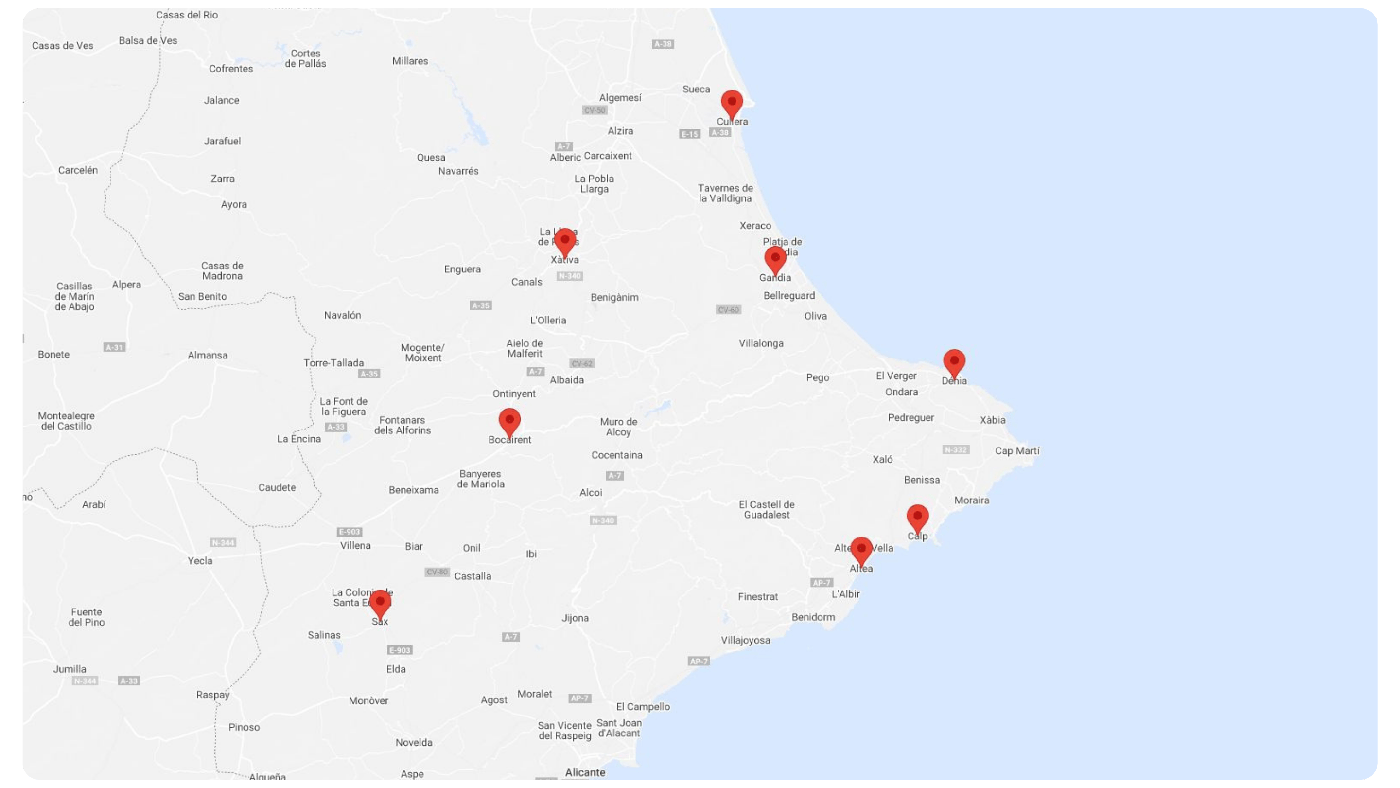 Mapa de dos rutas recomendadas en camper por la Comunidad Valenciana: costa e interior.