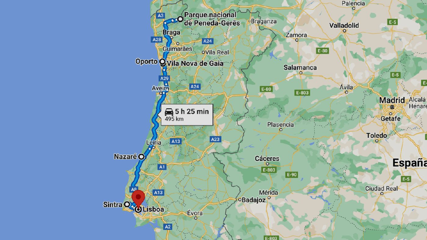 Mapa de la ruta en furgoneta camper por Portugal, ideal para planificar un viaje por el país.