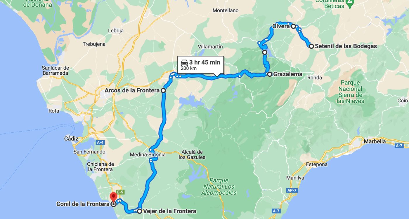 Mapa de la ruta por 7 pueblos de Cádiz en furgoneta camper, 5 días de aventura.