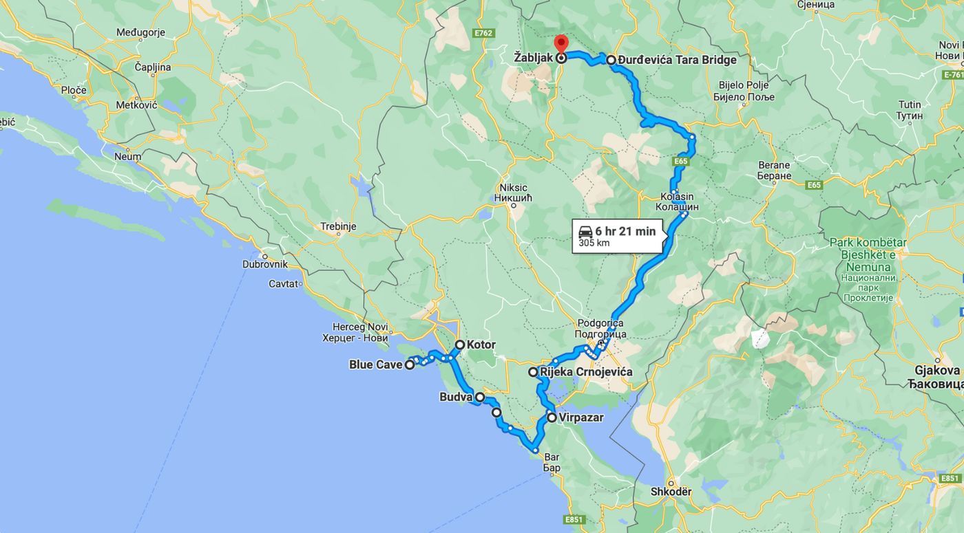 Mapa de la ruta de 7 días en Montenegro en furgoneta camper, con paradas imprescindibles por el país.