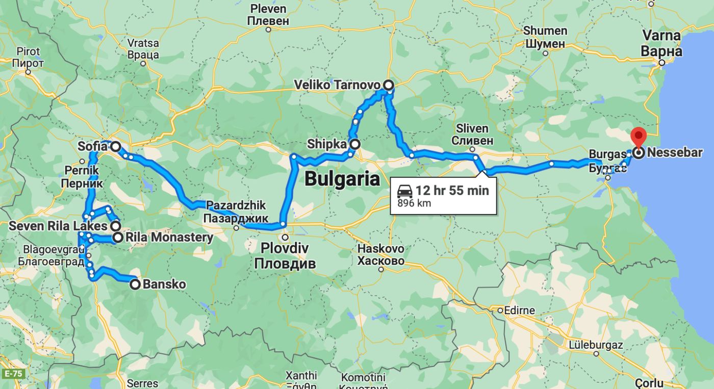 Mapa de la ruta en furgoneta camper de 10 días por Bulgaria, desde Bansko hasta Nessebar.