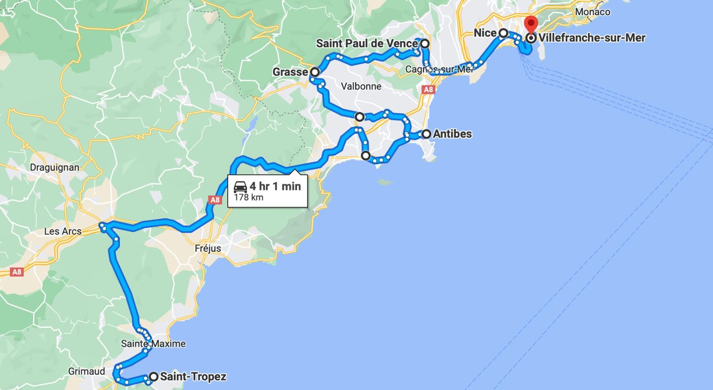 Mapa de la ruta de 7-8 días en camper desde Saint Tropez a Villefranche-sur-Mer, en la Costa Azul.