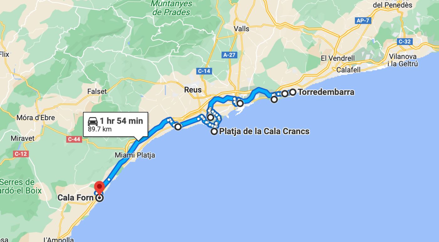Mapa de una ruta en camper por las calas y playas más bonitas de la Costa Daurada, ideal para un viaje de 6 a 8 días.