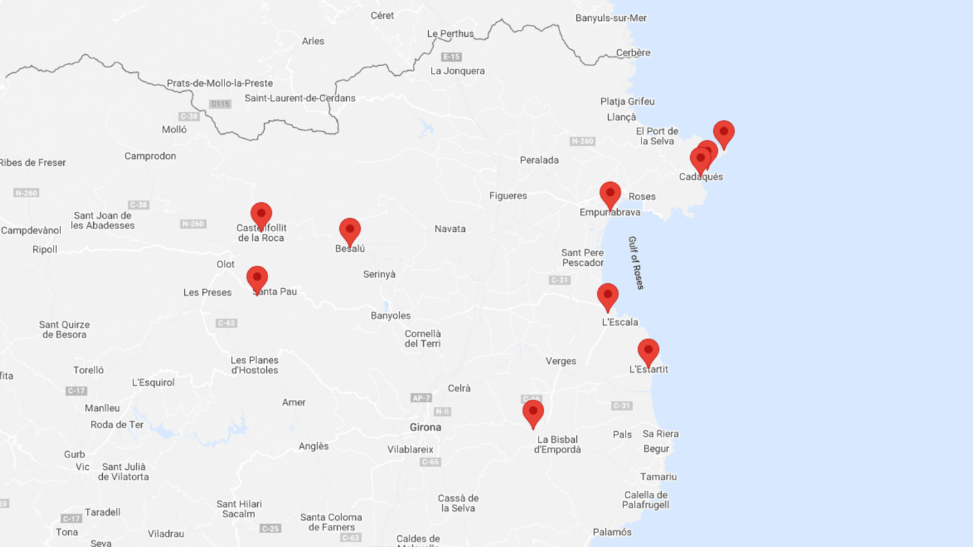 Mapa de la ruta en camper por Gerona, un recorrido de 7-8 días por los paisajes catalanes.