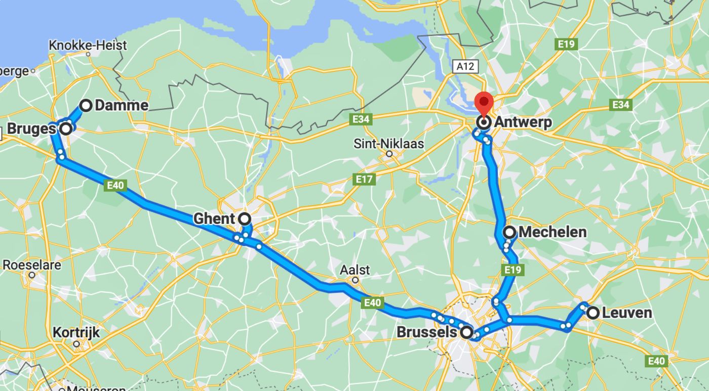 Mapa detallado del recorrido por Bélgica, ideal para explorar en camper.
