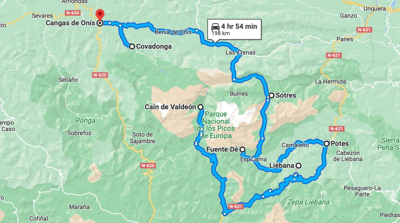Mapa de la ruta en furgoneta camper por los Picos de Europa, desde Caín de Valdeón a Cangas de Onís, recorriendo los paisajes más impresionantes.