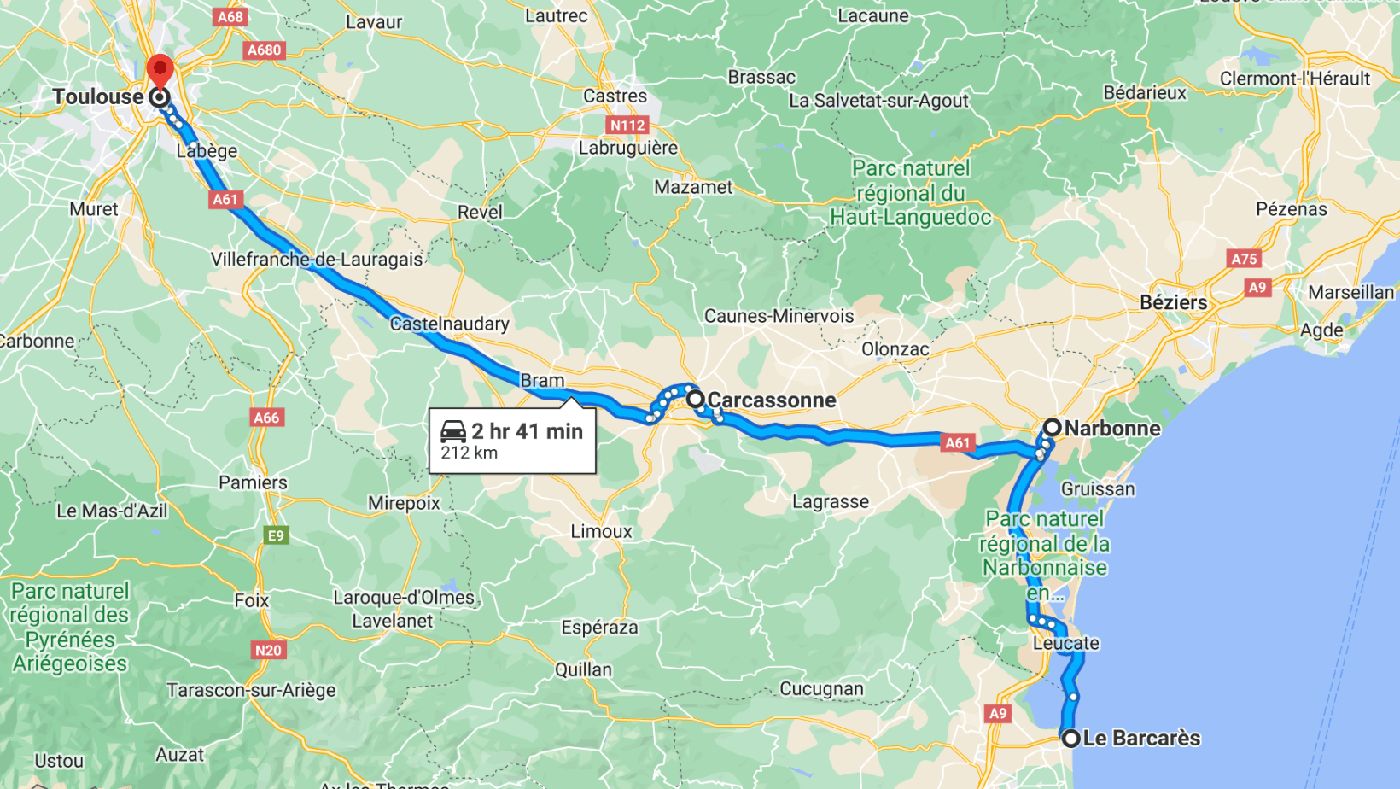 Mapa de la ruta navideña por los pueblos del sur de Francia en camper: Le Barcarès, Narbona, Carcasona y Toulouse.