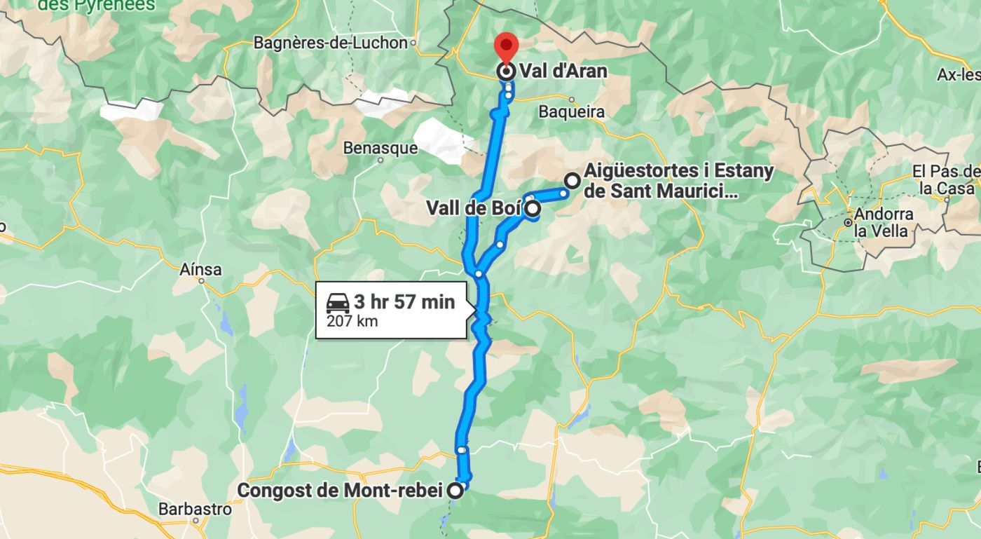 Mapa de la ruta recomendada en camper por los Pirineos Catalanes, un itinerario de 6-8 días