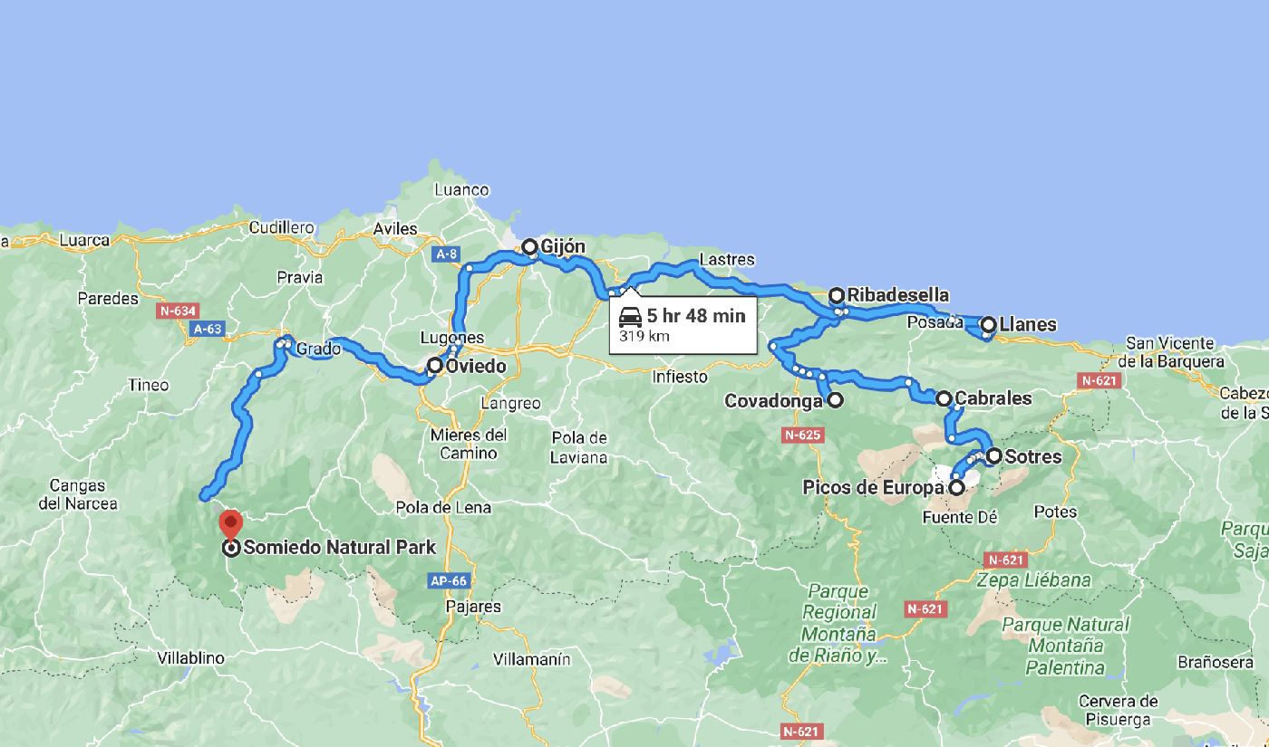 Mapa de la ruta por Asturias en furgoneta camper, ideal para explorar la región sobre ruedas.