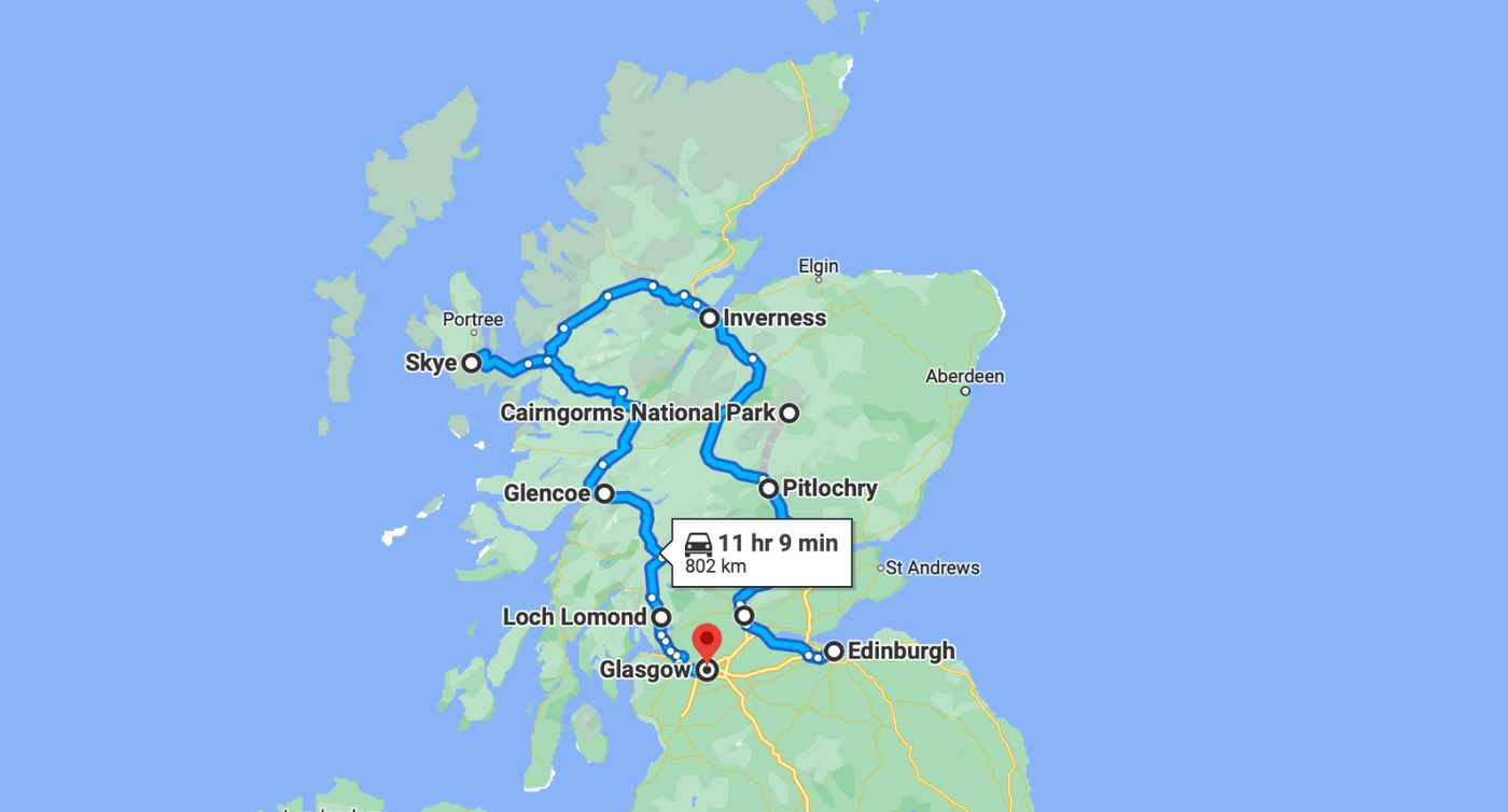 Mapa de la ruta de 12 días por Escocia, con 8 destinos desde Edimburgo hasta Glasgow, ideal para un viaje en furgoneta camper.