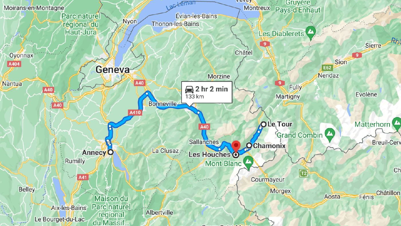 Mapa de la ruta por los Alpes franceses en camper: Annecy, Chamonix, Le Tour y Les Houches.