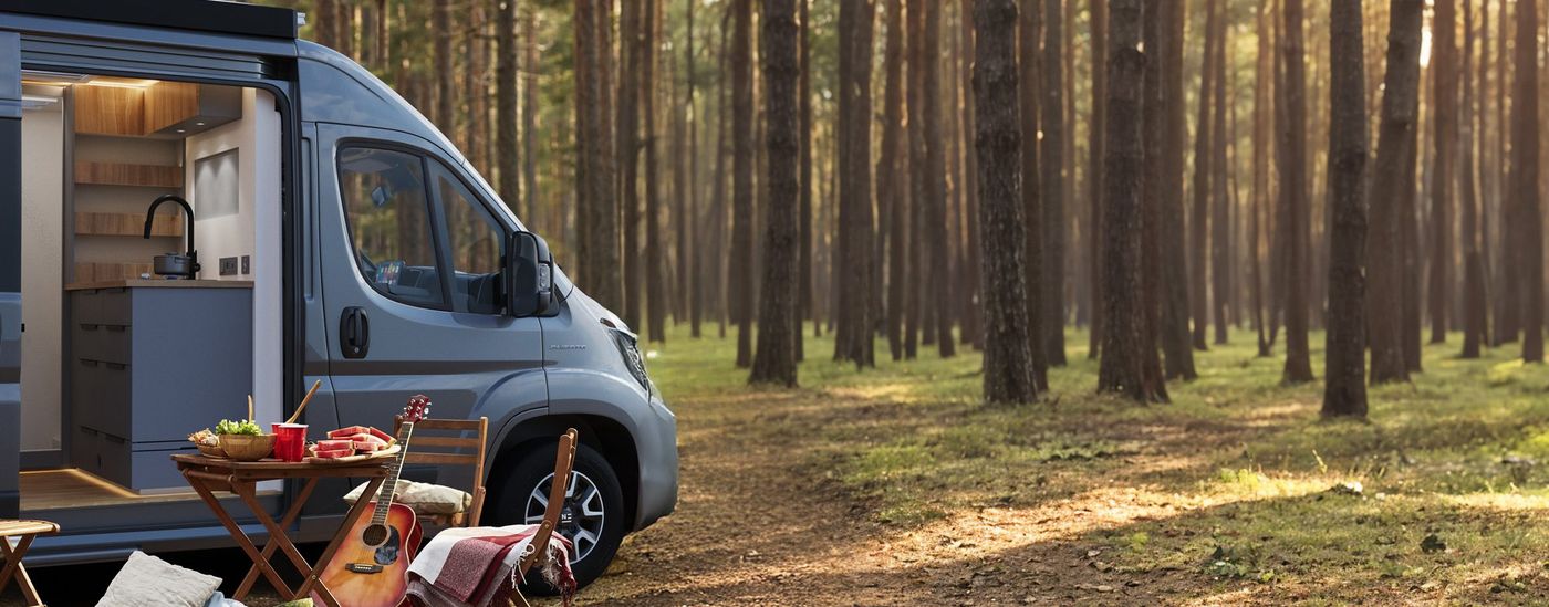 Furgoneta camper Neo estacionada en el bosque con la puerta abierta, ideal para viajes seguros y cómodos.