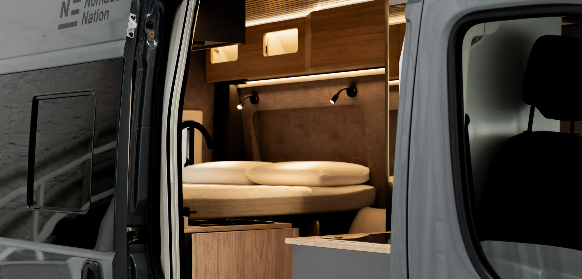 The Neo S's interior with the sliding door open