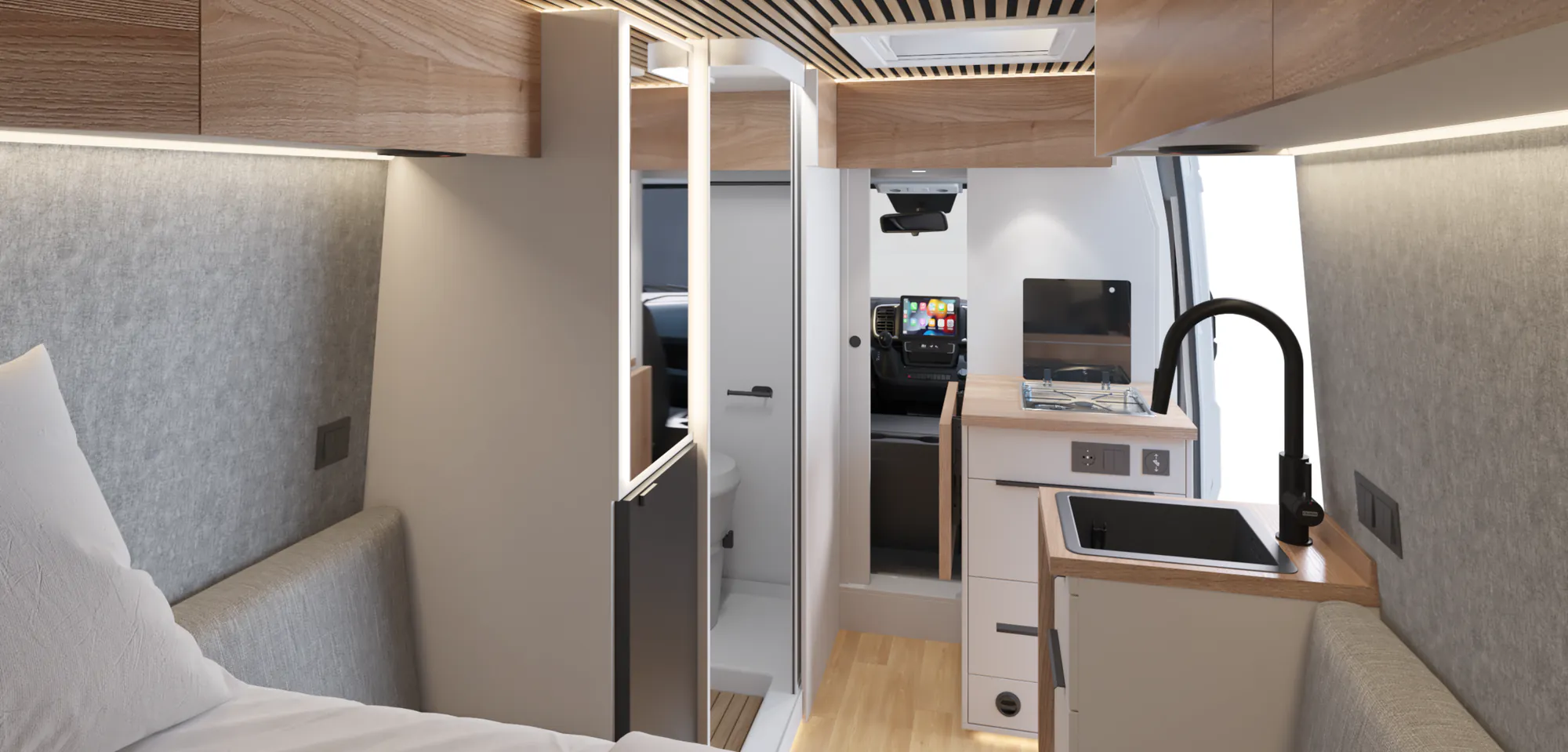 Neo S interior with white furniture and wood-effect worktops