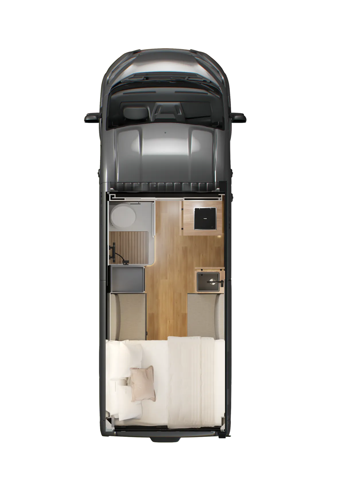 Overhead view of the Neo S with the roof removed: cab, kitchen, bathroom and bedroom