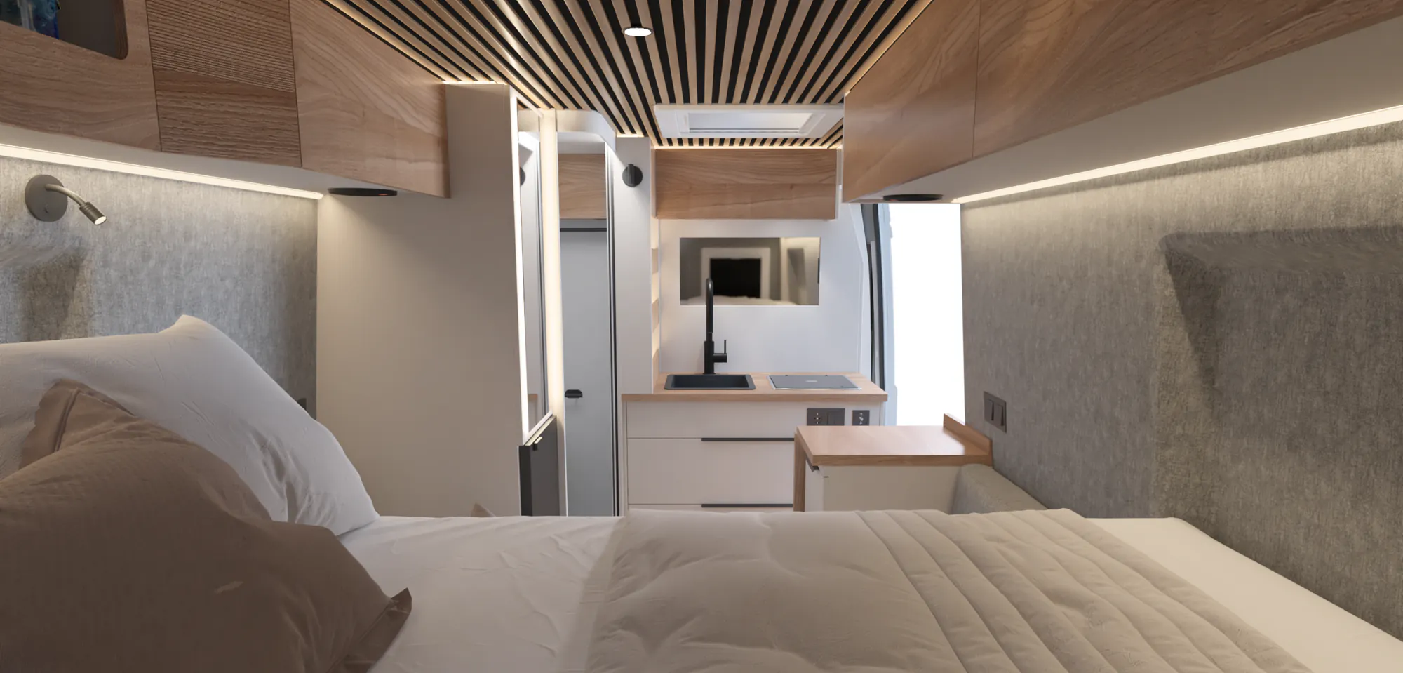 Neo interior with white furniture and wood-effect worktops