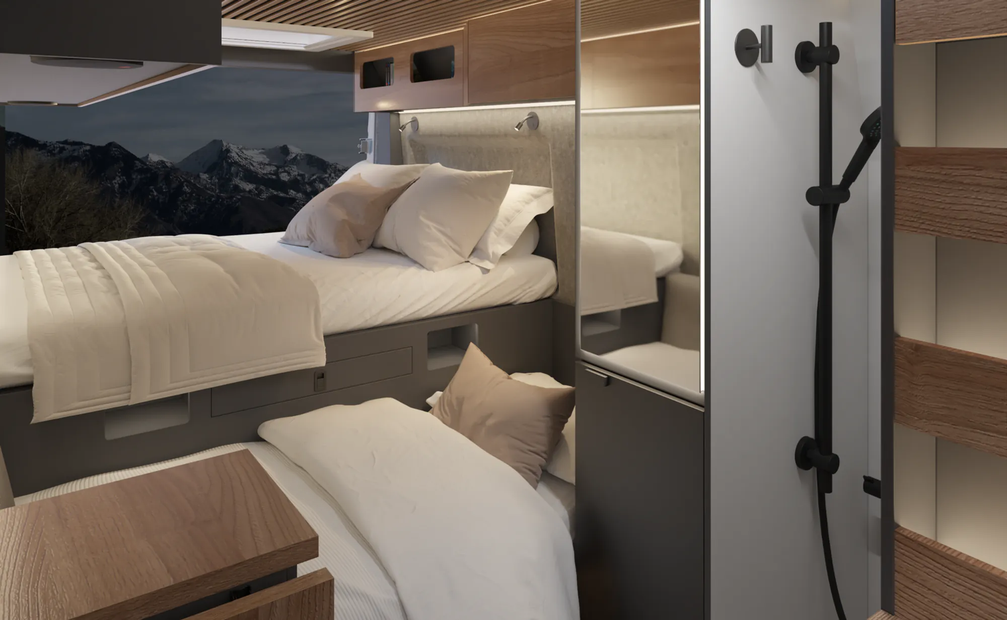 The same lounge at night, with the bed folded out and the ambient lighting on