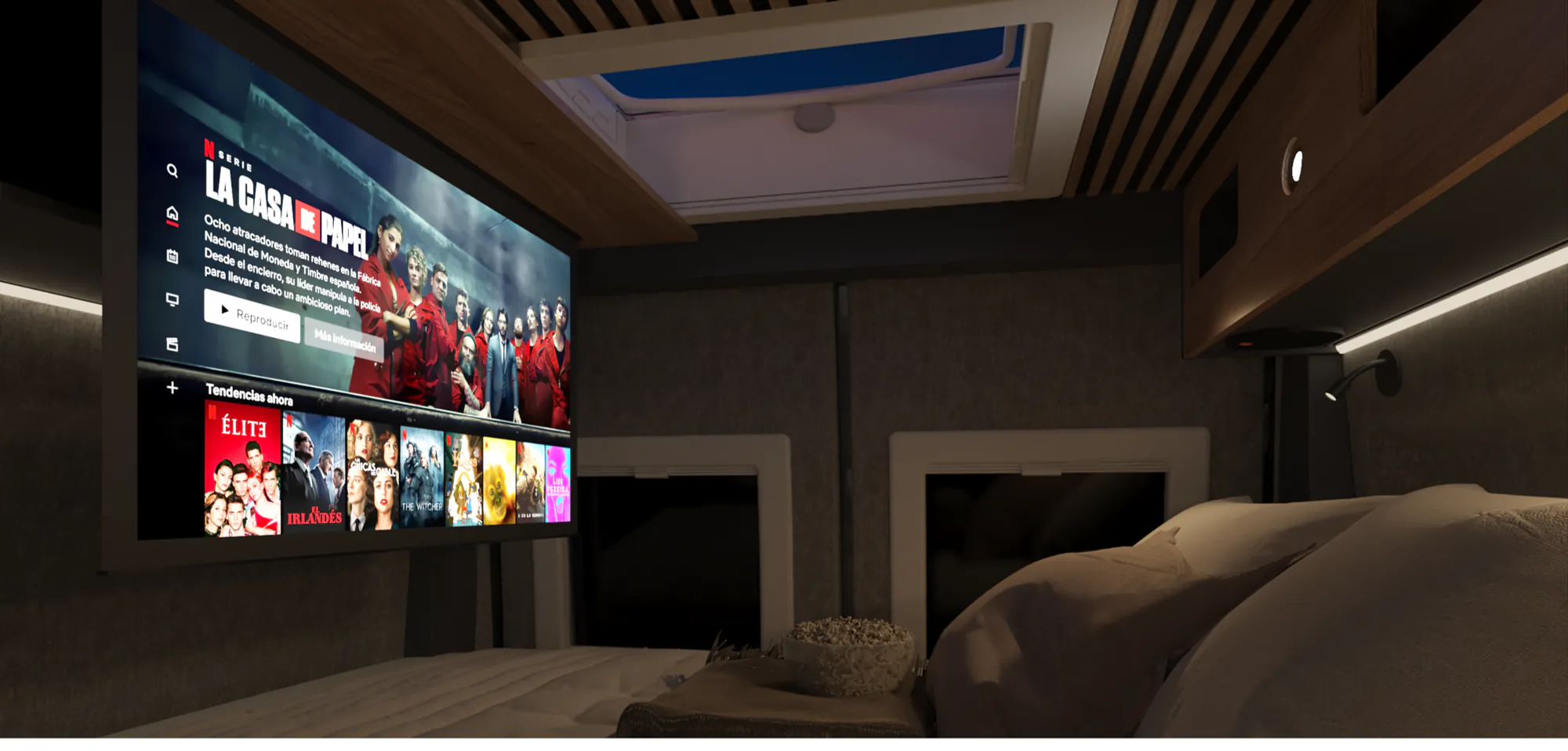 The Neo's Cinema Pack with the screen unfolded over the bed