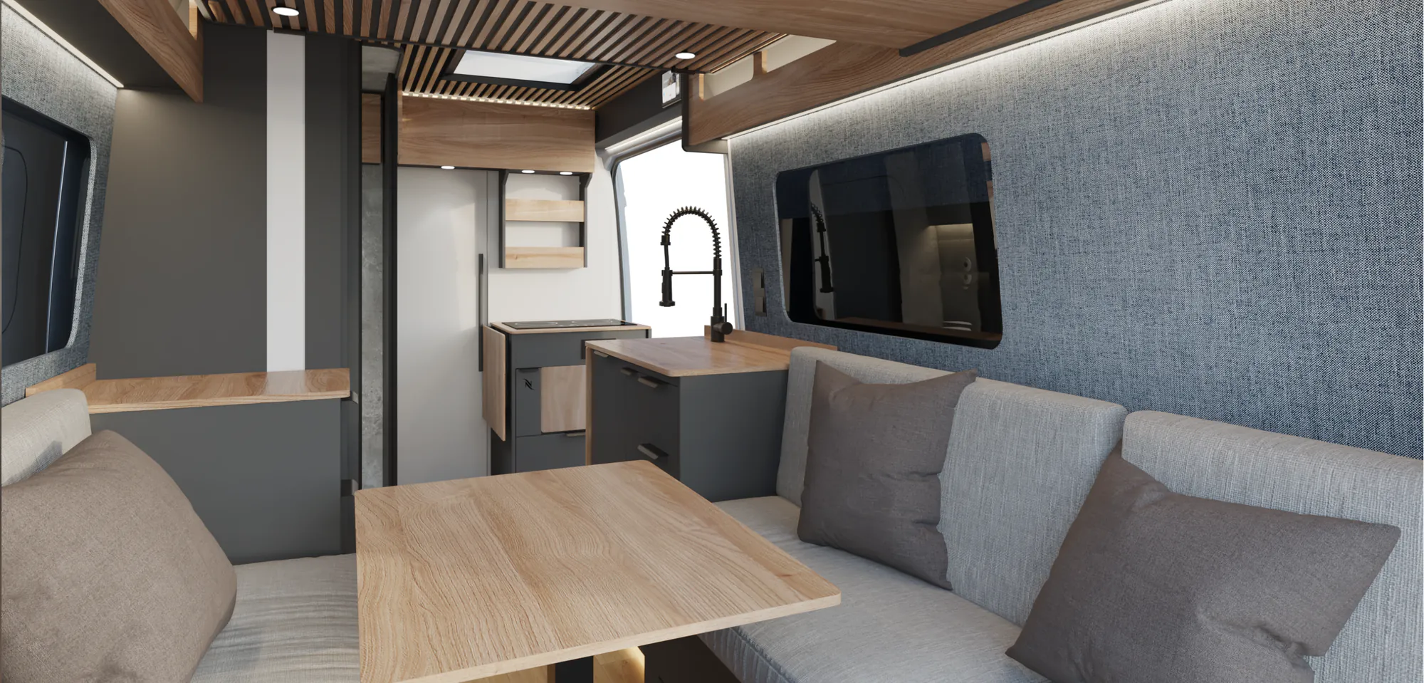 Space S interior with anthracite grey furniture