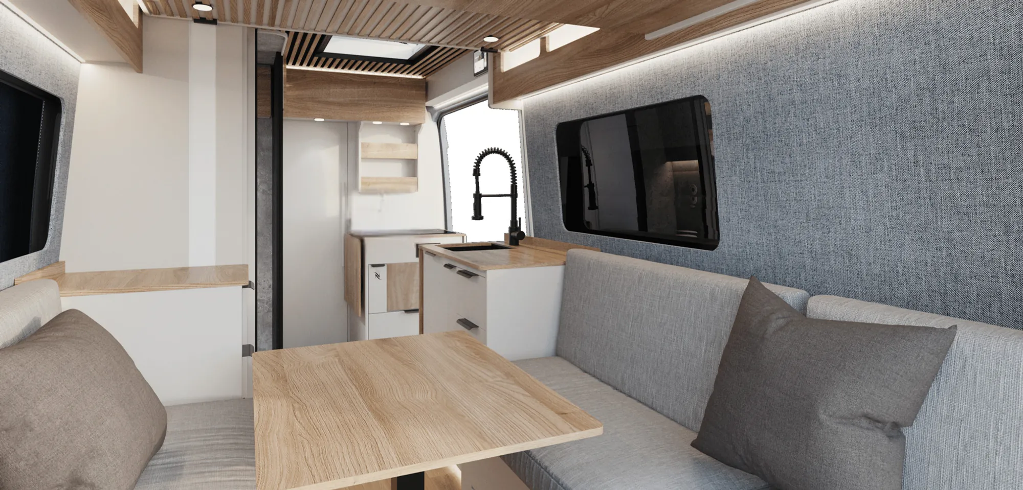Space S interior with white furniture and wood-effect worktops