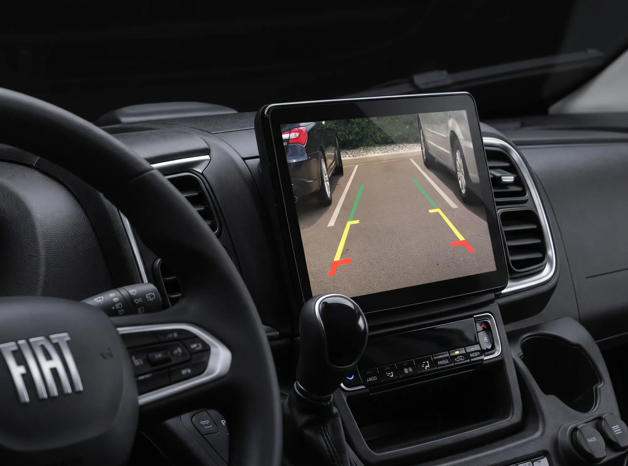 The Space S's touchscreen showing the reversing camera and its dynamic guidelines