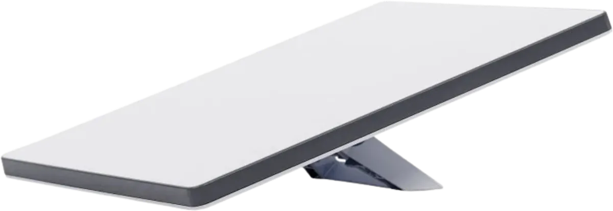 The flat Starlink antenna on its mount, seen from below