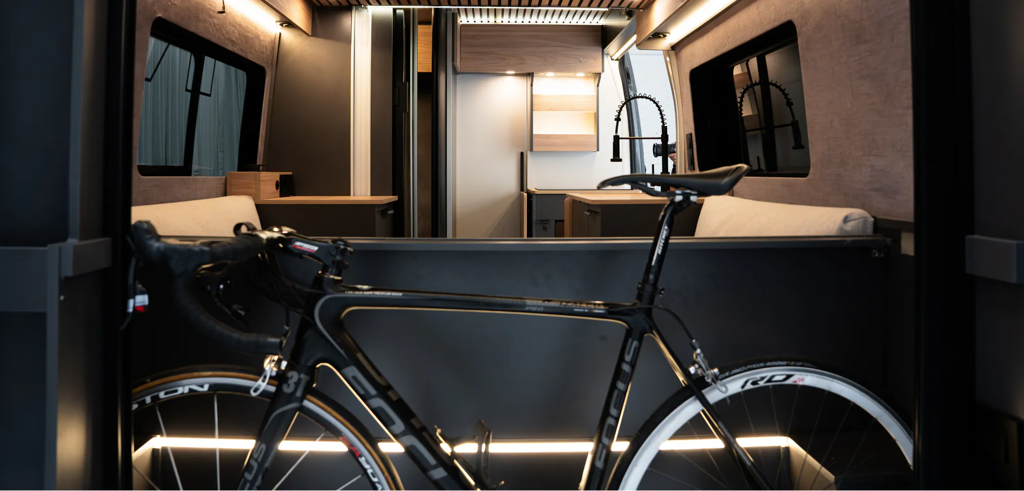 The Space S's multi-position garage with a bicycle loaded