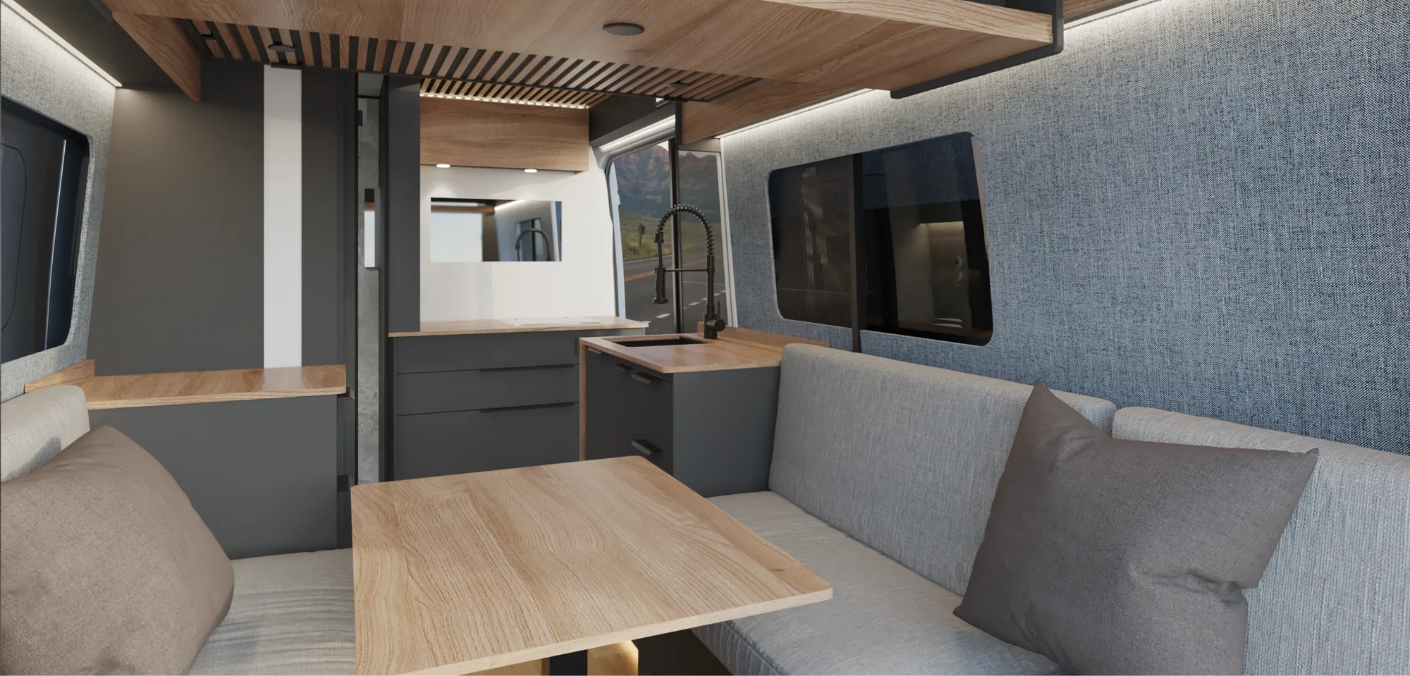Space interior with anthracite grey furniture