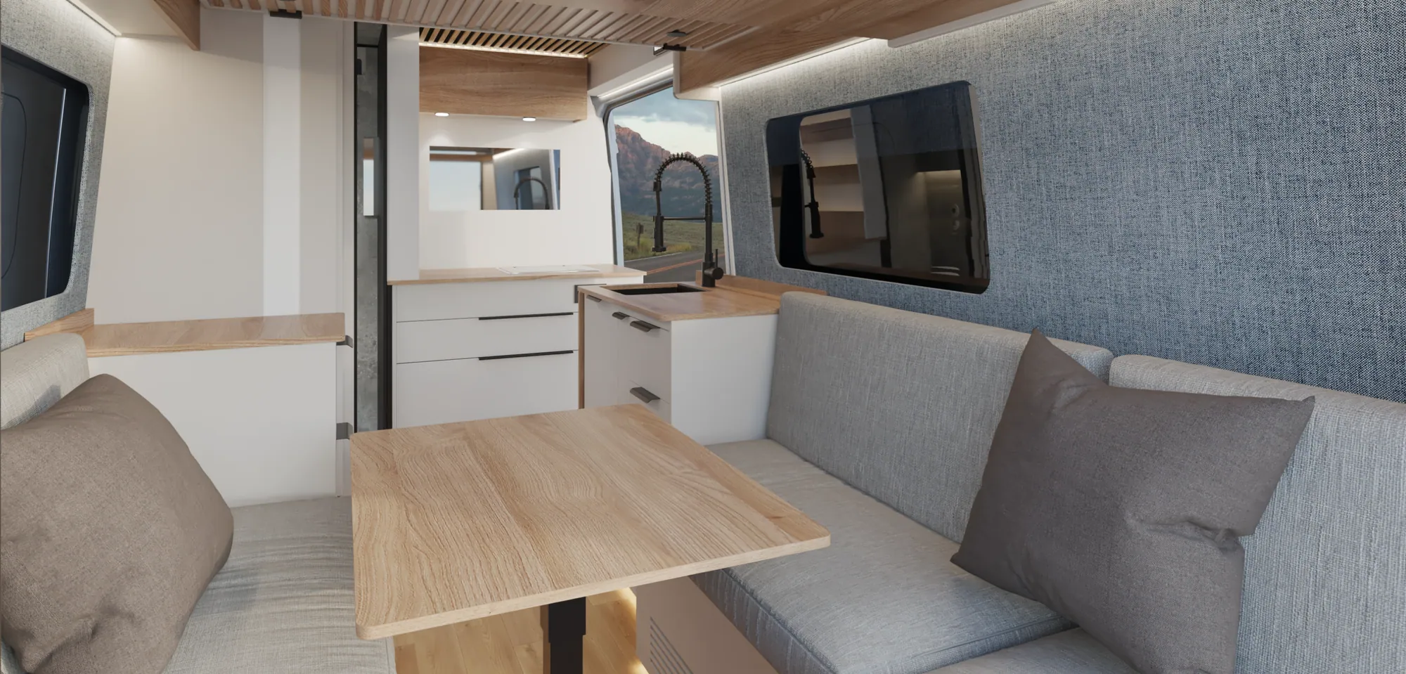 Space interior with white furniture and wood-effect worktops
