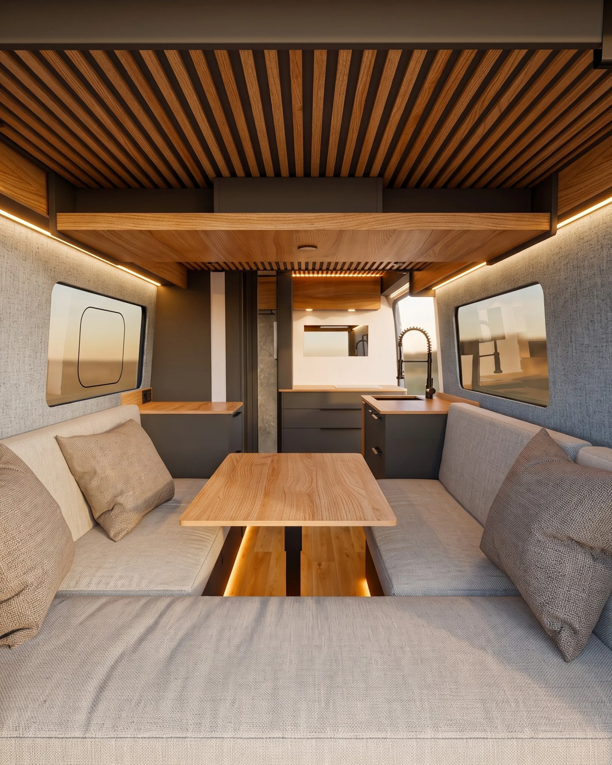 Der Innenraum des Space mit Blick zum Bett und der Holzlattendecke