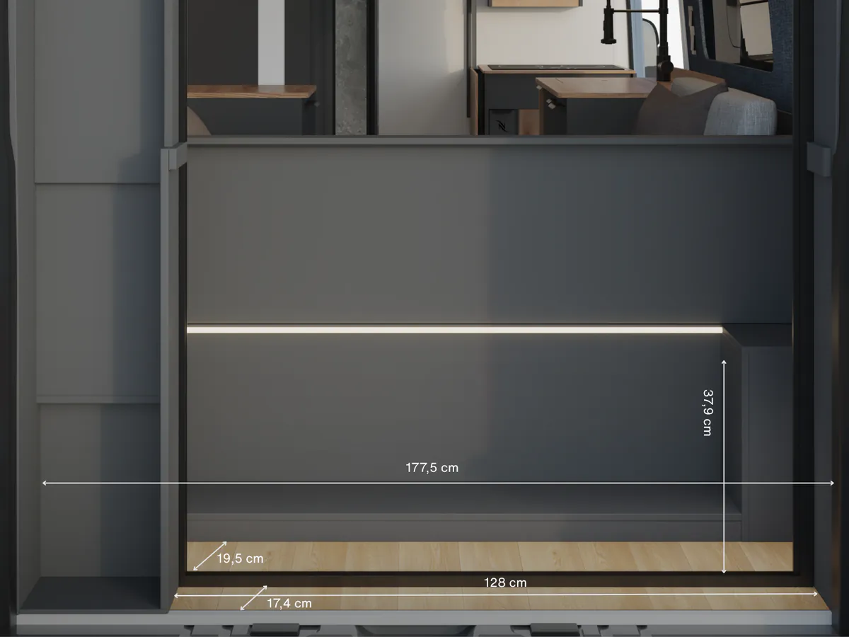The Space's garage with its measurements marked on the image