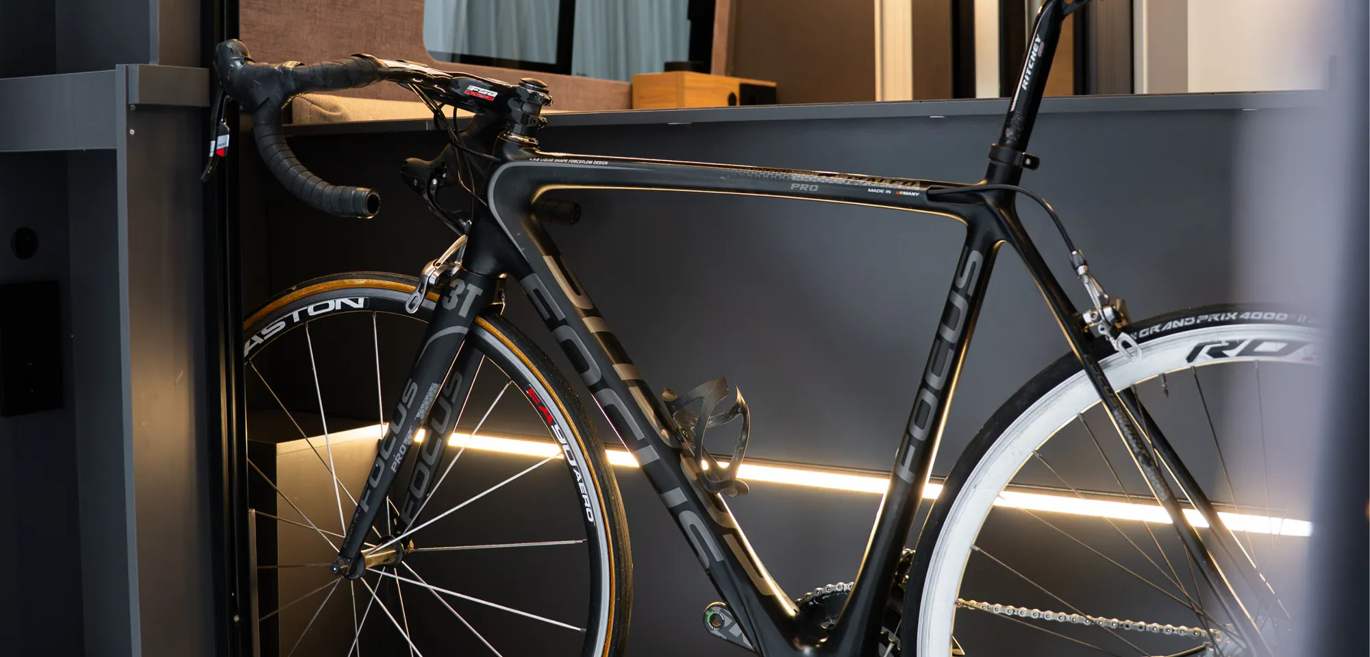 The Space's multi-position garage with a bicycle loaded