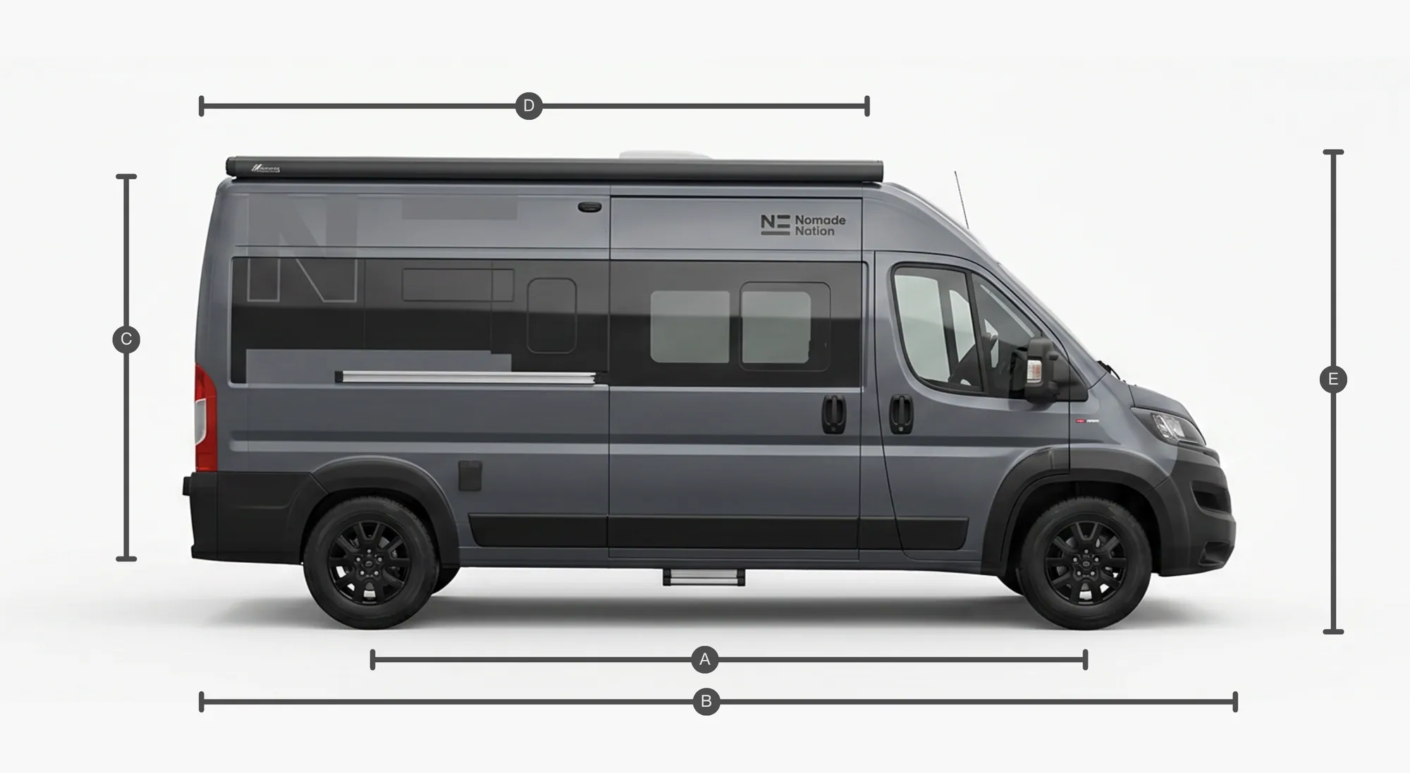 Side view of the Fiat Ducato with measurements A to E